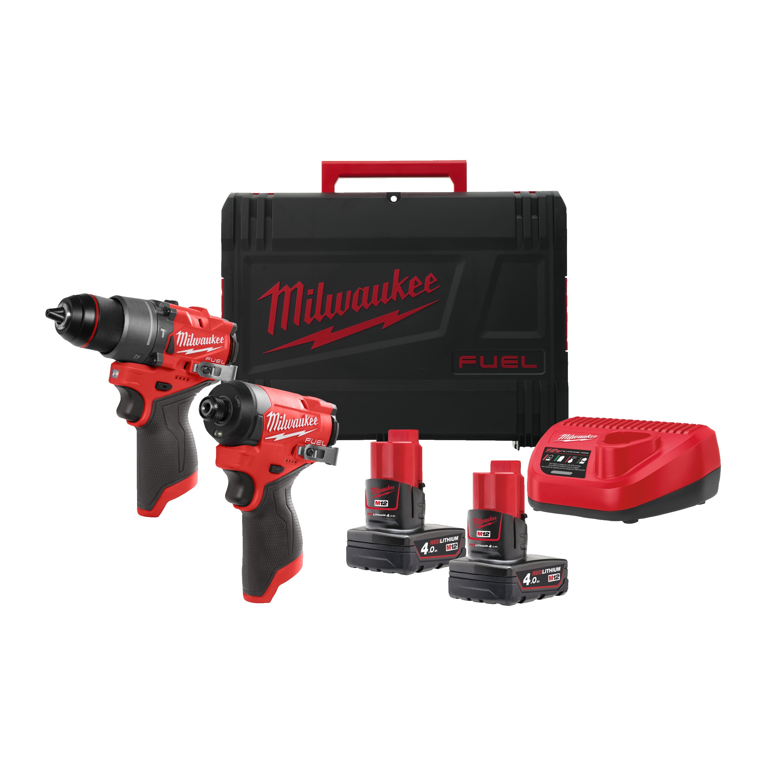 Powerpack M12™ TALADRO PERCUTOR M12 FUEL™ + ATORNILLADOR DE IMPACTO SUBCOMPACTO ¼″ HEX M12 FUEL™ +BATERÍA M12™ 6.0AH + CARGADOR + MALETIN